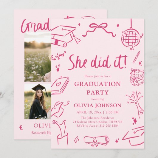 Invitation Modern Hand Drawn She did it Pink Graduation Party (Devant / Derrière)