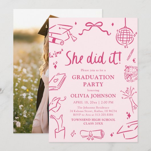 Invitation Modern Hand Drawn She did it Pink Graduation Party (Devant / Derrière)