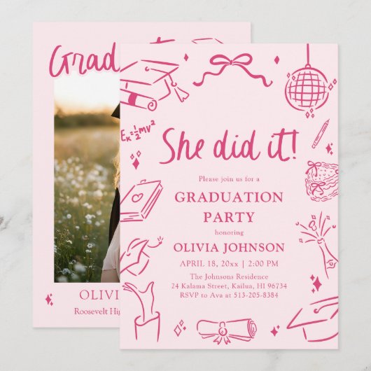 Invitation Modern Hand Drawn She did it Pink Graduation Party (Devant / Derrière)