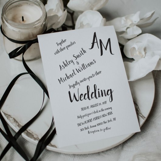 Invitation Modern Handwritten Simple Black and White Wedding