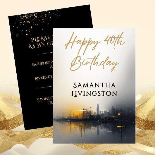 Invitation Modern Happy 40th Birthday Party Black and Gold