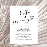 Invitation Modern Hello Seventy Black and White 70th Birthday<br><div class="desc">Celebrate seventy years in style with this modern black and white “Hello Seventy” birthday invitation. Featuring elegant typography and a clean minimalist layout,  it’s perfect for an upscale dinner,  cocktail party,  or milestone celebration. A classy and timeless choice for a 70th birthday event.</div>