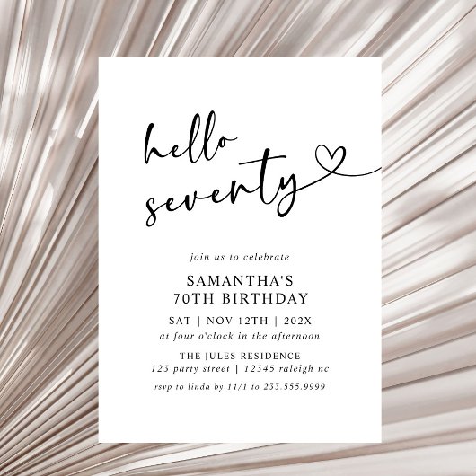Invitation Modern Hello Seventy Black and White 70th Birthday