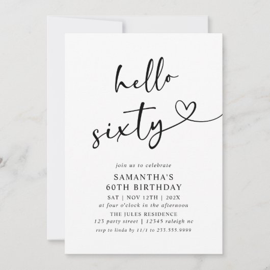 Invitation Modern Hello Sixty Black and White 60th Birthday  (Devant)
