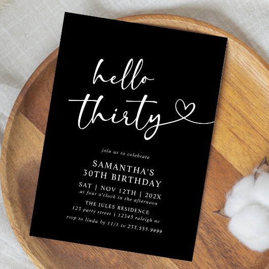 Invitation Modern Hello Thirty Black and White 30th Birthday
