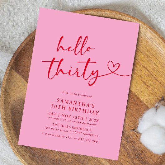 Invitation Modern Hello Thirty Pink and Red 30th Birthday