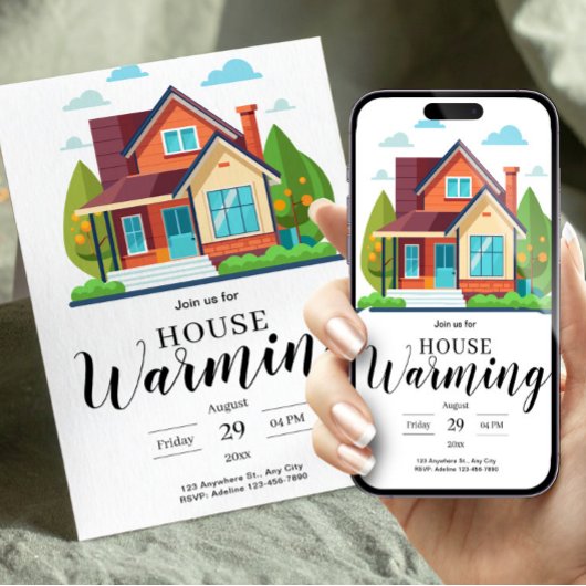 Invitation Modern Home Illustration Green Brown Housewarming