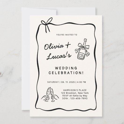 Invitation Modern Ivory & Black Hand-Drawn Wedding  (Devant)