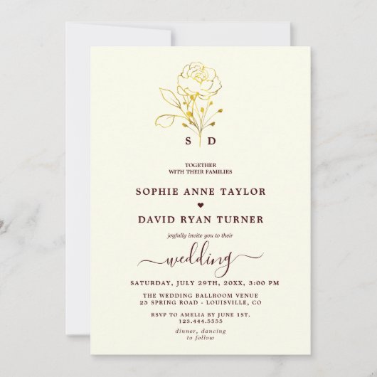 Invitation Modern Ivory Deep Burgundy Monogram Wedding (Devant)