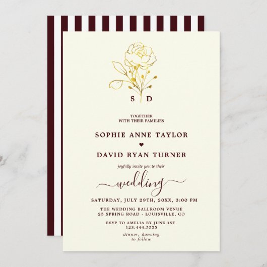 Invitation Modern Ivory Deep Burgundy Monogram Wedding (Devant / Derrière)