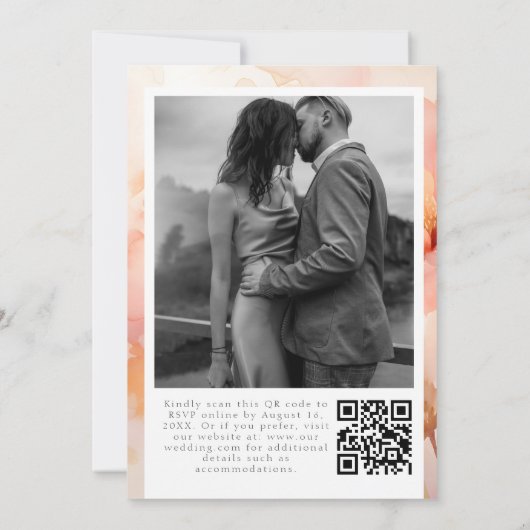 Invitation Modern Just Love Peach Floral Mariage QR Code (Dos)