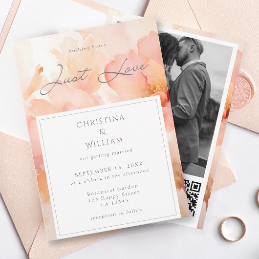 Invitation Modern Just Love Peach Floral Mariage QR Code