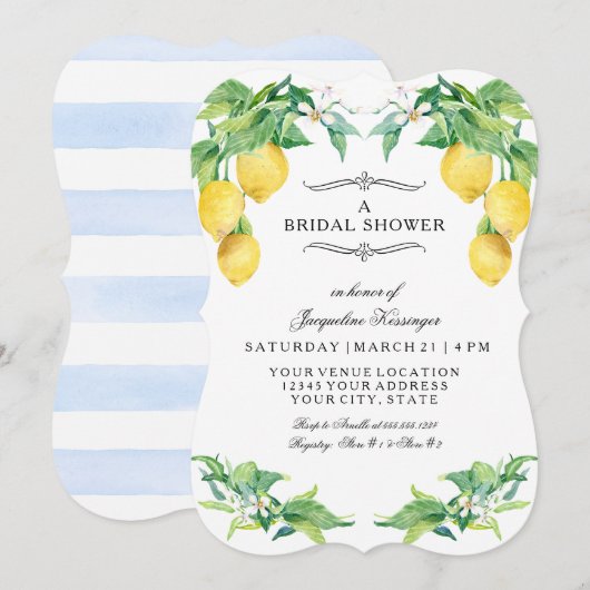 Invitation Modern Lemon Floral Elegant Blue Bridal Shower (Devant / Derrière)