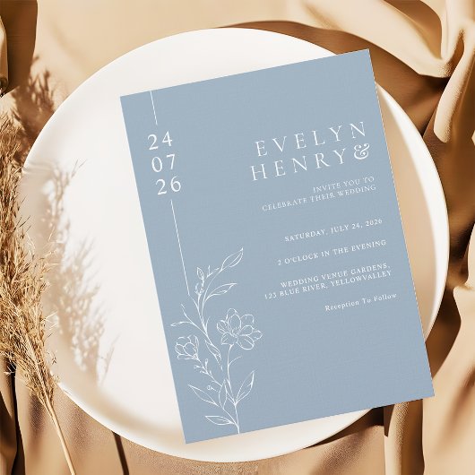 Invitation Modern Line Floral Dusty Blue Wedding