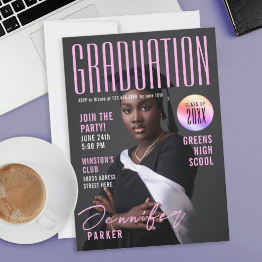 Invitation Modern Magazine Pink Graduation School Bachelor
