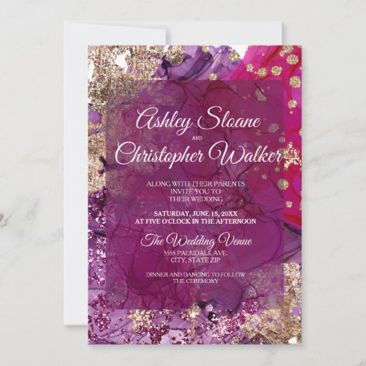 Invitation Modern Magenta Plum Gold QR code Wedding (Devant)