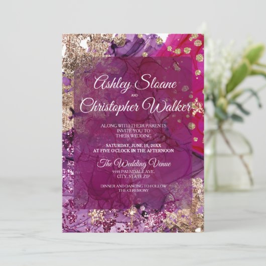 Invitation Modern Magenta Plum Gold QR code Wedding (Debout devant)