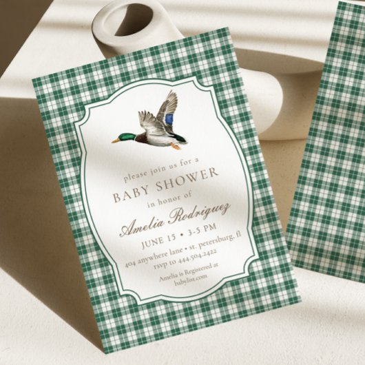 Invitation Modern Mallard Duck Neutral Gingham Baby Shower