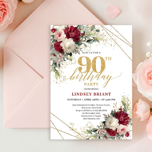 Invitation Modern Marsala Gold Floral 90th Birthday Invitatio