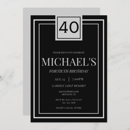 Invitation Modern Masculine Silver & Black 40th Birthday (Devant / Derrière)