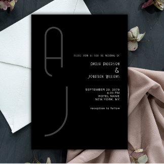 Invitation Modern Matte Monogram Minimal Wedding Black White 