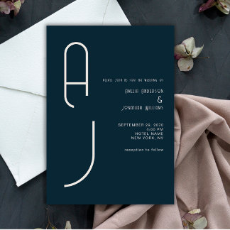 Invitation Modern Matte Monogram Minimal Wedding Navy Blue