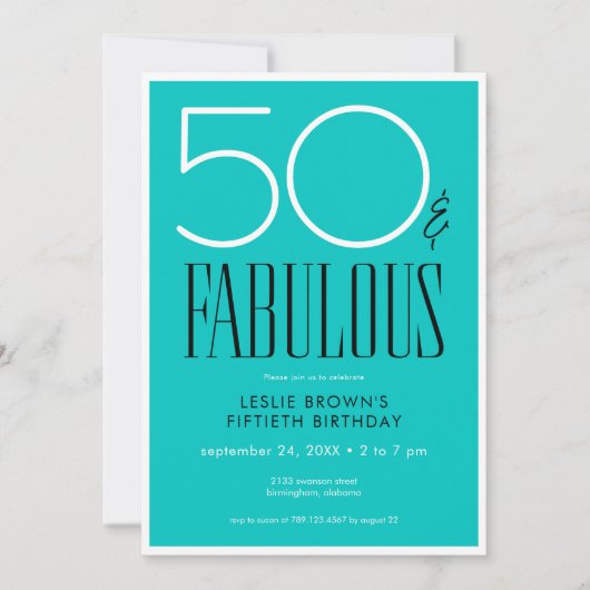 Invitation Modern Minimal Fifty Fabulous Bright Aqua Birthday (Devant)