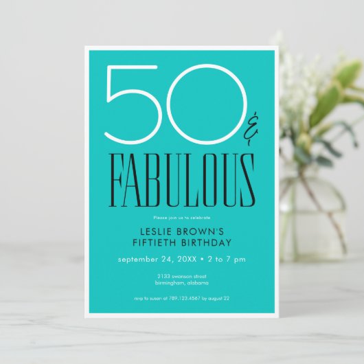 Invitation Modern Minimal Fifty Fabulous Bright Aqua Birthday (Debout devant)