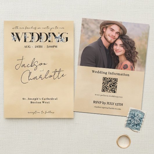 Invitation Modern Minimal Floral Script Photo QR Code Wedding
