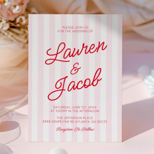 Invitation Modern Minimal Minimalist Red Pink Stripes Wedding