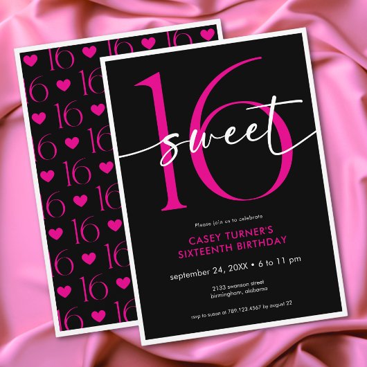 Invitation Modern Minimal Pink Sweet Sixteen Script Birthday
