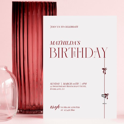 Invitation Modern Minimal Red Burgundy Bow Birthday