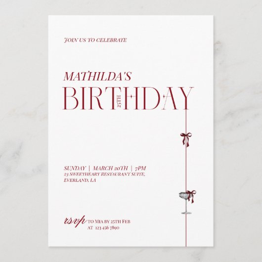 Invitation Modern Minimal Red Burgundy Bow Birthday (Devant)