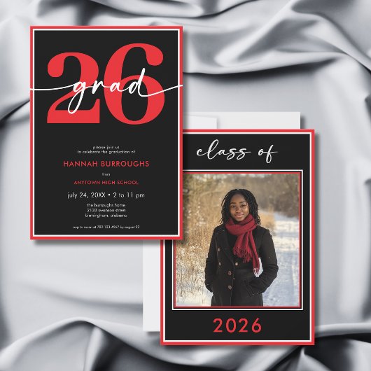 Invitation Modern Minimal Red Script Graduation Party