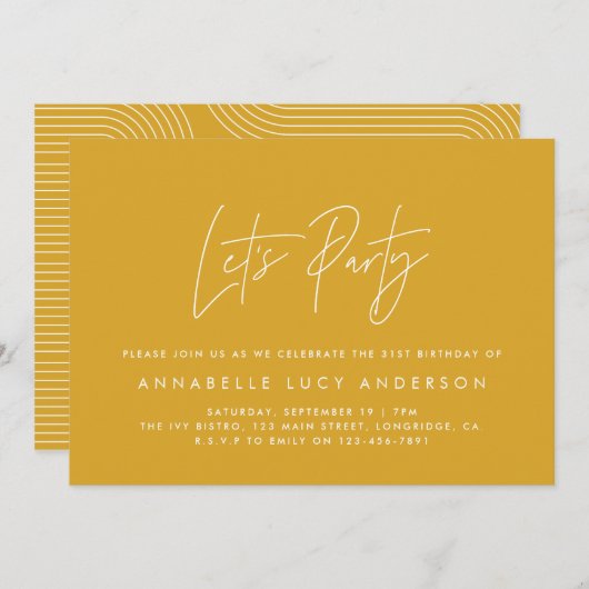 Invitation Modern minimal script géométrique moutarde anniver (Devant / Derrière)