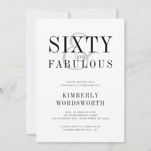 Invitation Modern Minimal Sixty and Fabulous 60th Birthday (Devant)