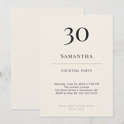 Invitation Modern Minimalist 30th Birthday Cocktail Party (Devant / Derrière)