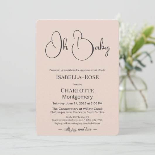 Invitation Modern Minimalist Baby Shower | Powder Blush (Debout devant)
