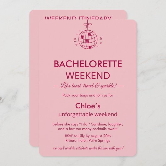 Invitation Modern Minimalist Bachelorette Weekend | Pink (Devant / Derrière)