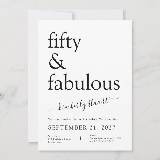 Invitation Modern Minimalist Black and White 50th Birthday (Devant)