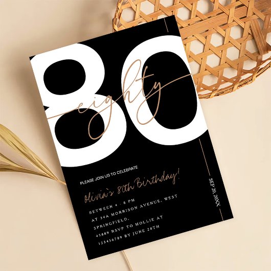 Invitation Modern Minimalist Black & Gold 80th Birthday Party