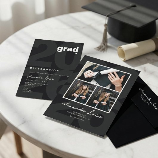 Invitation Modern Minimalist Black Graduation Photo Collage  
