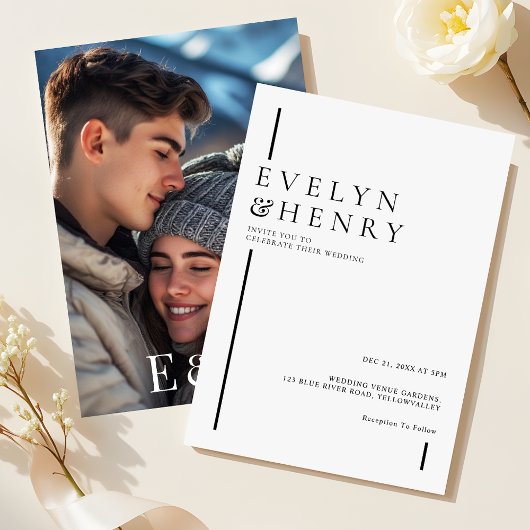 Invitation Modern Minimalist Black Line Photo Wedding