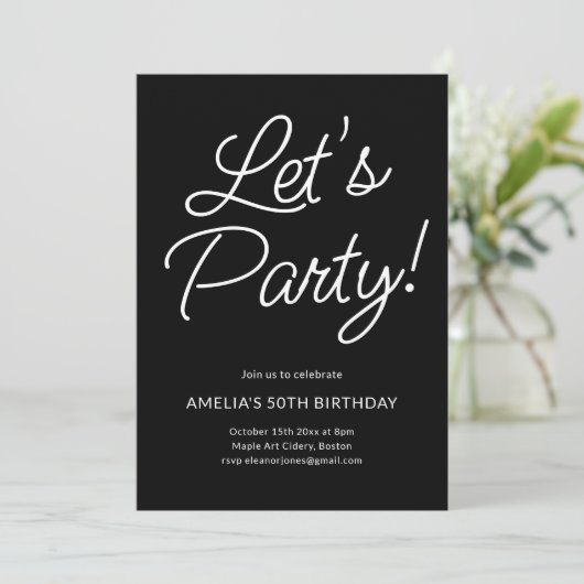 Invitation Modern Minimalist Black Script Birthday Party Chic (Debout devant)