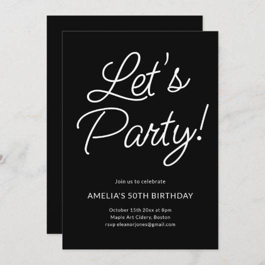 Invitation Modern Minimalist Black Script Birthday Party Chic (Devant / Derrière)