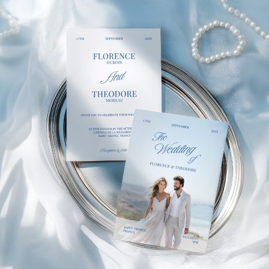 Invitation Modern Minimalist Blue & White Photo Wedding