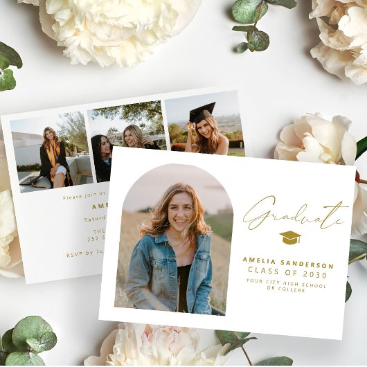 Invitation Modern minimalist gold and white photo graduation