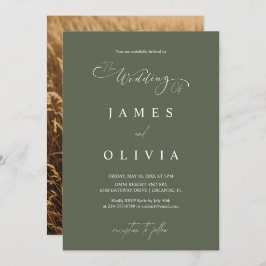 Invitation Modern Minimalist Olive Green Photo Wedding Invita (Devant / Derrière)