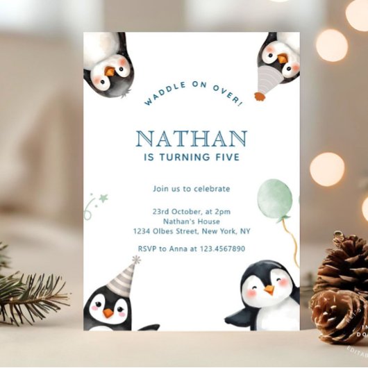 Invitation Modern Minimalist Penguin Winter Birthday Party