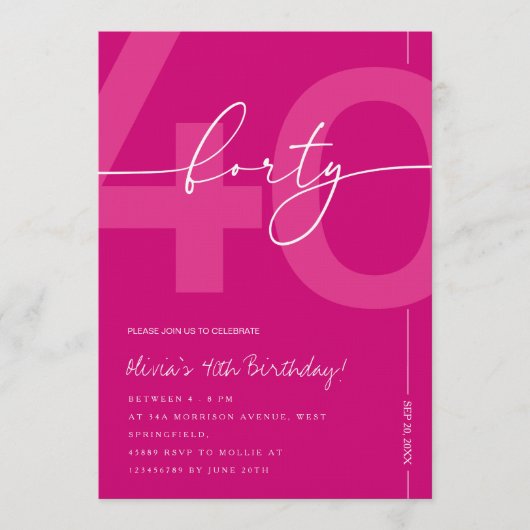 Invitation Modern Minimalist Pink 40th Birthday Party (Devant)